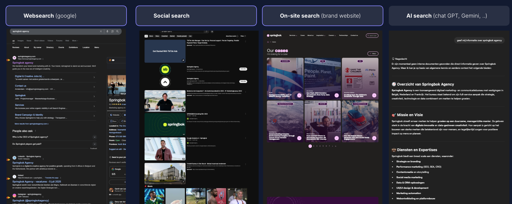 A comparison chart displays interfaces for web search, social search, on-site search, and AI search, each showing different layouts and search result styles.