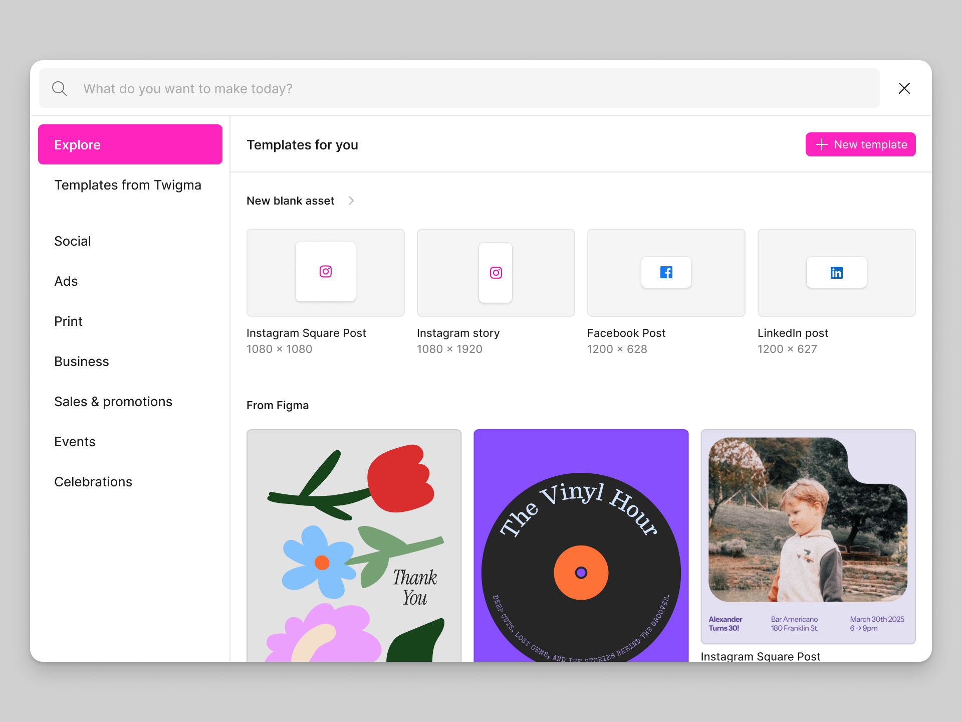 Screenshot or graphic showing a template picker interface in the web-based interface design tool Figma with various creative templates displayed, used for design guidance.