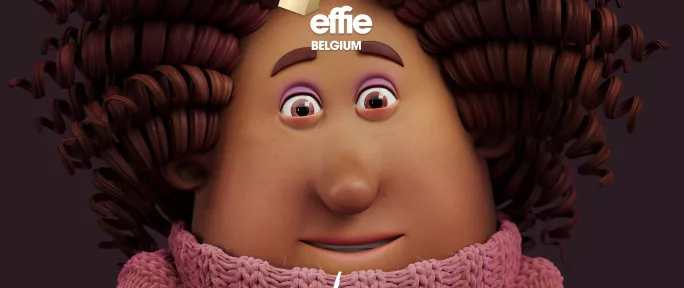 Close-up of an animated 3D cartoon character with curly hair wearing a pink knitted sweater, featuring the Ethias logo at the bottom and an Effie Belgium crown on the character's head.