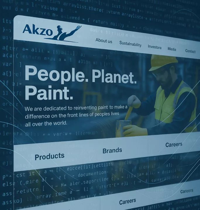 Akzo website cover image featuring their "People. Planet. Paint." slogan against a blue background with code elements, showing navigation menu and an image of a worker in safety gear.