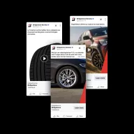Bridgestone Benelux social media ads showcasing Turanza 6 tires with tire close-ups and vehicle applications in multiple languages.