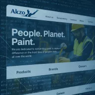 Akzo website cover image featuring their "People. Planet. Paint." slogan against a blue background with code elements, showing navigation menu and an image of a worker in safety gear.