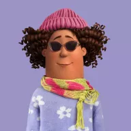 An Ethi character from Ethias, created through AI. It’s a young black woman with dark curly hair, wearing a pink beanie, sunglasses, a colorful scarf and a blue sweater with white flowers.