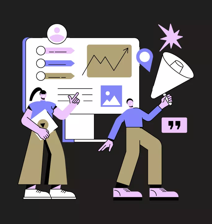 Illustration of two abstract characters interacting with a large digital display. One character holds a tablet and points at the screen, which shows charts, graphs, and icons. The other character holds a megaphone, with speech and location icons nearby. The color scheme includes purple, beige, and blue on a dark background