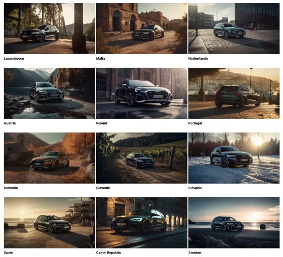 A series of twelveAI-generated images showcasing a black Audi car in diverse European landscapes, from sunlit streets to snowy woods, to reflect Bridgestone’s EU market.