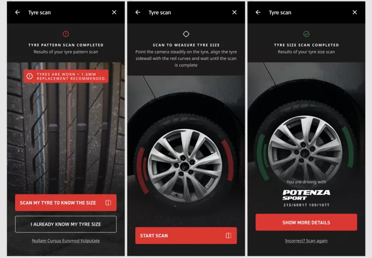 Three mobile screen displays show a tyre scan app in action. First: a tyre pattern scan result, with a warning that tires are worn. Second: prompts to measure tyre size with camera. Third: successful tyre size scan displayed. Colors convey urgency and completion.