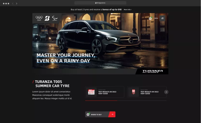 An AI-generated image for the DXP website design with a sleek black car with Bridgestone's Turanza T005 tyres and glowing headlights, parked on a wet street at night.