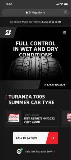 A screenshot of the DXP website design with a close-up of a tyre tread, promoting 'Full control in wet and dry conditions.' Features the Turanza T005 summer car tyre.