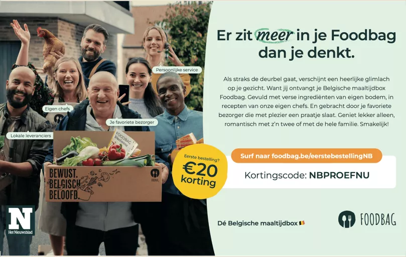 A Foodbag ad with a diverse group of joyful people holds a box of fresh produce. Text highlights Foodbag's local service. A 20 euro discount with code ‘NBPROEFNU’ offer is shown on the right.