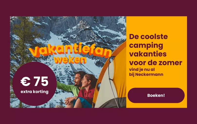 An online Neckermann ad of a couple sitting by a yellow tent in front of snowy mountains, enjoying nature. Dutch text highlights camping deals and a 75 Euro discount.