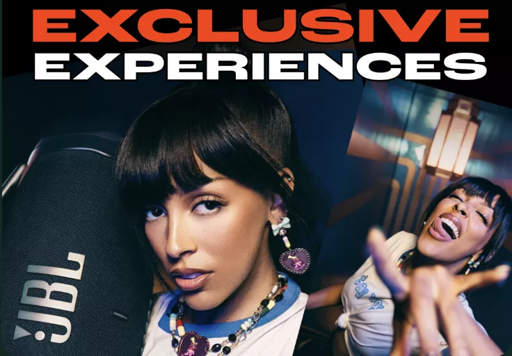 JBL promotional photo with 'EXCLUSIVE EXPERIENCES' headline at the top showing rapper Doja Cat with a JBL speaker and wearing colorful jewelry while enjoying music in two different poses against a dark background.