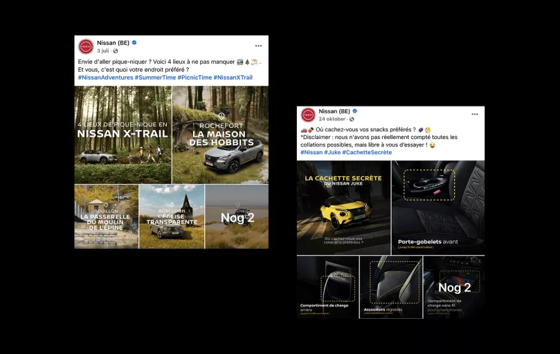 Nissan Belgium Facebook posts showcasing Nissan X-Trail at picnic locations on left and Nissan Juke hidden storage features on right, both written in French with promotional hashtags.