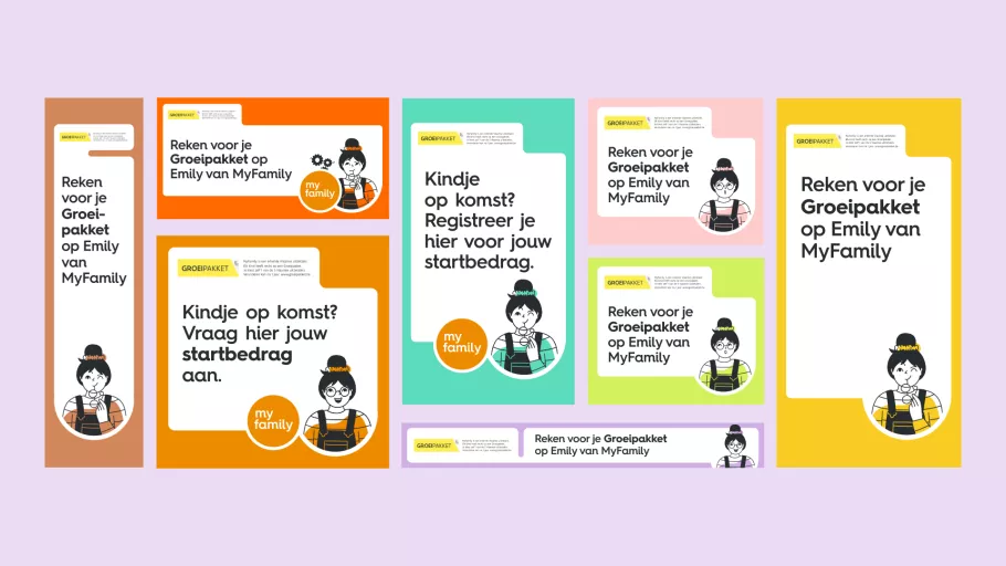 Colorful campaign visuals with MyFamily banners in brown, orange, yellow, green and pink with a call to action 'Request your growth package' and 'Request your birth allowance' in Dutch.