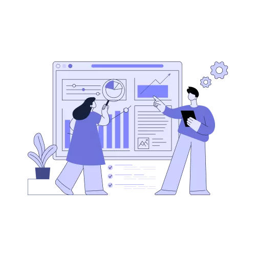An illustration of two professionals analyzing data on a large screen, one pointing at graphs while the other examines with a magnifying glass.